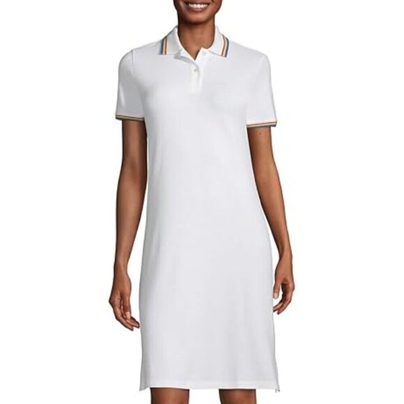 Lands' End Mesh Pique Polo Dress White With Rainbow Trim Size L - Picture 1 of 8